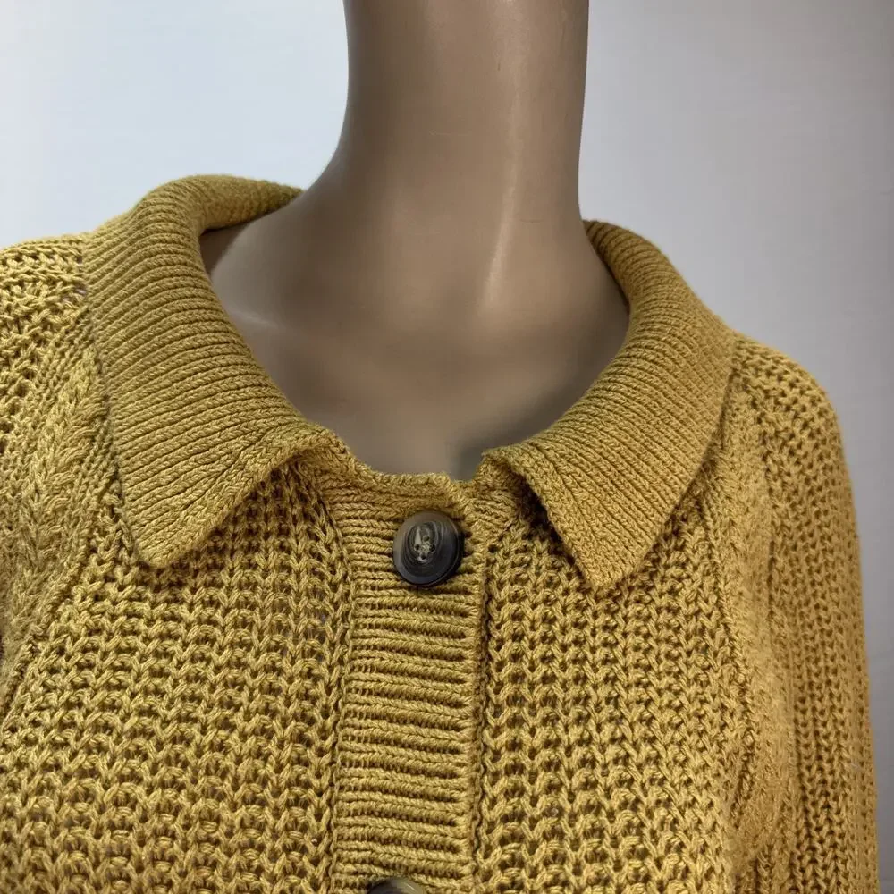 Garnet Hill Maren Button Cardigan Sweater Size L Brass Gold Linen Organic Cotton